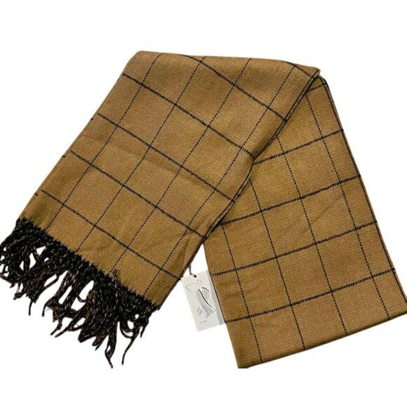 Plaid Tan & Black Fringed Scarf One Size Warm Cozy Soft Lightweight Accessory Gi - Picture 1 of 4